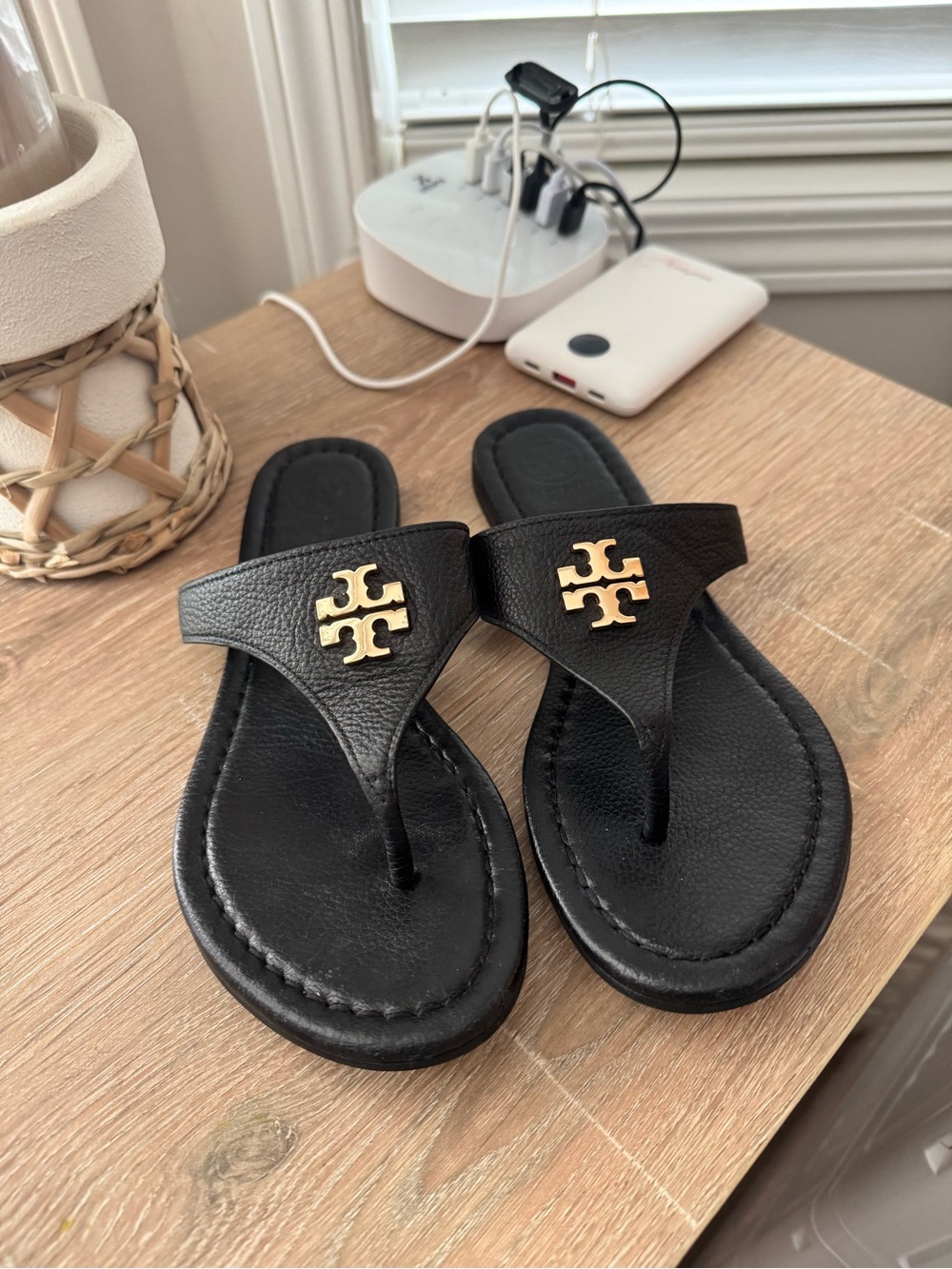 Tory Burch Black Leather Sandals with Gold Logo Medallion - Size 6